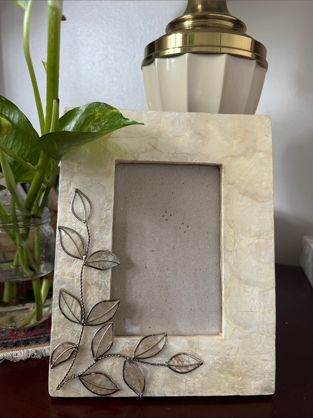 Elegant Cream Decorative Photo Frame with Metal Leaf Accent